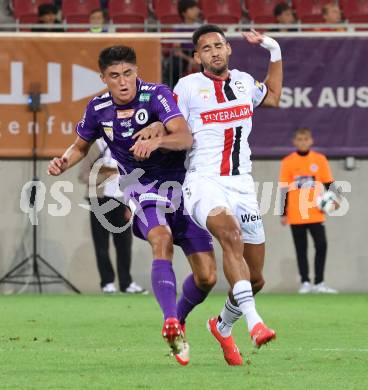 Fussball 2. Liga. SK Austria Klagenfurt gegen Admira Wacker. Aiden Liu  (Klagenfurt),  Alexander Schmidt  (Admira). Klagenfurt, 29.8.2025.
Foto: Kuess
www.qspictures.net
---
pressefotos, pressefotografie, kuess, qs, qspictures, sport, bild, bilder, bilddatenbank