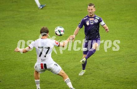 Fussball 2. Liga. SK Austria Klagenfurt gegen Admira Wacker. Marc Andre Schmerboeck  (Klagenfurt), Sky Schwarz  (Admira). Klagenfurt, am 29.8.2025.
Foto: Kuess
www.qspictures.net
---
pressefotos, pressefotografie, kuess, qs, qspictures, sport, bild, bilder, bilddatenbank