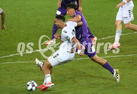 Fussball 2. Liga. SK Austria Klagenfurt gegen Admira Wacker. Matteo Kitz  (Klagenfurt),  Alexander Schmidt (Admira). Klagenfurt, 29.8.2025.
Foto: Kuess
www.qspictures.net
---
pressefotos, pressefotografie, kuess, qs, qspictures, sport, bild, bilder, bilddatenbank