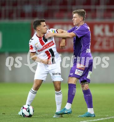 Fussball 2. Liga. SK Austria Klagenfurt gegen Admira Wacker. Nik Marinsek  (Klagenfurt), Josef Weberbauer   (Admira). Klagenfurt, 29.8.2025.
Foto: Kuess
www.qspictures.net
---
pressefotos, pressefotografie, kuess, qs, qspictures, sport, bild, bilder, bilddatenbank