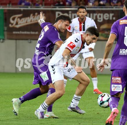 Fussball 2. Liga. SK Austria Klagenfurt gegen Admira Wacker. Marco Gantschnig  (Klagenfurt), Filip Ristanic  (Admira). Klagenfurt, 29.8.2025.
Foto: Kuess
www.qspictures.net
---
pressefotos, pressefotografie, kuess, qs, qspictures, sport, bild, bilder, bilddatenbank