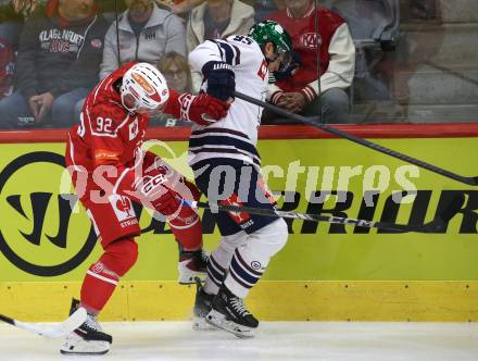 Eishockey Champions Hockey League. CHL. KAC gegen Eisbaeren Berlin. Clemens Unterweger  (KAC),  Frederik Tiffels (Berlin). Klagenfurt, am 30.8.2025.
Foto: Kuess
www.qspictures.net
---
pressefotos, pressefotografie, kuess, qs, qspictures, sport, bild, bilder, bilddatenbank