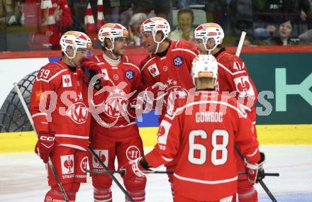 Eishockey Champions Hockey League. CHL. KAC gegen Eisbaeren Berlin. Torjubel Filip Simovic, Mario Kempe, Mathias From, Jesper Jensen Aabo, Luka Gomboc,   (KAC). Klagenfurt, am 30.8.2025.
Foto: Kuess
www.qspictures.net
---
pressefotos, pressefotografie, kuess, qs, qspictures, sport, bild, bilder, bilddatenbank