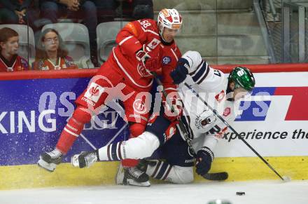 Eishockey Champions Hockey League. CHL. KAC gegen Eisbaeren Berlin. Luka Gomboc  (KAC), Markus Vikingstad   (Berlin). Klagenfurt, am 30.8.2025.
Foto: Kuess
www.qspictures.net
---
pressefotos, pressefotografie, kuess, qs, qspictures, sport, bild, bilder, bilddatenbank