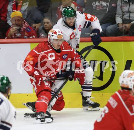Eishockey Champions Hockey League. CHL. KAC gegen Eisbaeren Berlin. Finn Van Ee  (KAC),  Mitchell Reinke (Berlin). Klagenfurt, am 30.8.2025.
Foto: Kuess
www.qspictures.net
---
pressefotos, pressefotografie, kuess, qs, qspictures, sport, bild, bilder, bilddatenbank