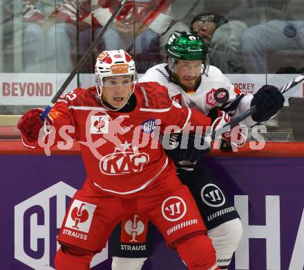 Eishockey Champions Hockey League. CHL. KAC gegen Eisbaeren Berlin. Clemens Unterweger  (KAC),  Eric Mik (Berlin). Klagenfurt, am 30.8.2025.
Foto: Kuess
www.qspictures.net
---
pressefotos, pressefotografie, kuess, qs, qspictures, sport, bild, bilder, bilddatenbank