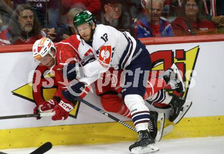 Eishockey Champions Hockey League. CHL. KAC gegen Eisbaeren Berlin. Mathias From  (KAC),  Eric Mik  (Berlin). Klagenfurt, am 30.8.2025.
Foto: Kuess
www.qspictures.net
---
pressefotos, pressefotografie, kuess, qs, qspictures, sport, bild, bilder, bilddatenbank