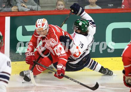 Eishockey Champions Hockey League. CHL. KAC gegen Eisbaeren Berlin. Luka Gomboc  (KAC),  Norwin Panocha (Berlin). Klagenfurt, am 30.8.2025.
Foto: Kuess
www.qspictures.net
---
pressefotos, pressefotografie, kuess, qs, qspictures, sport, bild, bilder, bilddatenbank