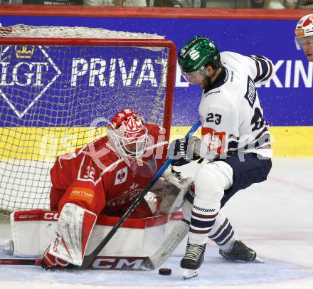 Eishockey Champions Hockey League. CHL. KAC gegen Eisbaeren Berlin. Sebastian Dahm  (KAC), Blaine Byron  (Berlin). Klagenfurt, am 30.8.2025.
Foto: Kuess
www.qspictures.net
---
pressefotos, pressefotografie, kuess, qs, qspictures, sport, bild, bilder, bilddatenbank