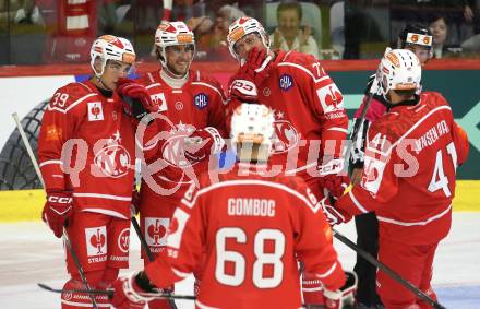Eishockey Champions Hockey League. CHL. KAC gegen Eisbaeren Berlin. Torjubel Filip Simovic, Mario Kempe, Mathias From, Jesper Jensen Aabo, Luka Gomboc,   (KAC). Klagenfurt, am 30.8.2025.
Foto: Kuess
www.qspictures.net
---
pressefotos, pressefotografie, kuess, qs, qspictures, sport, bild, bilder, bilddatenbank