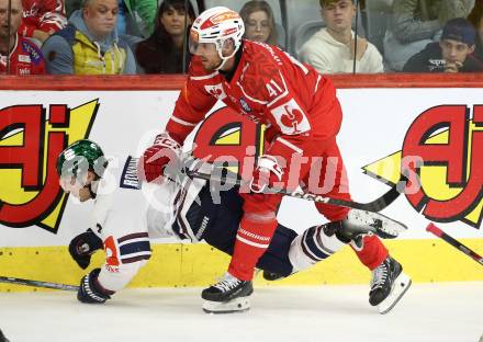 Eishockey Champions Hockey League. CHL. KAC gegen Eisbaeren Berlin. Jesper Jensen Aabo  (KAC),  Ty Ranning (Berlin). Klagenfurt, am 30.8.2025.
Foto: Kuess
www.qspictures.net
---
pressefotos, pressefotografie, kuess, qs, qspictures, sport, bild, bilder, bilddatenbank
