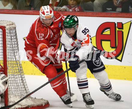 Eishockey Champions Hockey League. CHL. KAC gegen Eisbaeren Berlin. David Maier  (KAC),  Frederik Tiffels (Berlin). Klagenfurt, am 30.8.2025.
Foto: Kuess
www.qspictures.net
---
pressefotos, pressefotografie, kuess, qs, qspictures, sport, bild, bilder, bilddatenbank