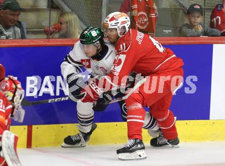 Eishockey Champions Hockey League. CHL. KAC gegen Eisbaeren Berlin.  Jesper Jensen Aabo  (KAC), Ty Ranning  (Berlin). Klagenfurt, am 30.8.2025.
Foto: Kuess
www.qspictures.net
---
pressefotos, pressefotografie, kuess, qs, qspictures, sport, bild, bilder, bilddatenbank