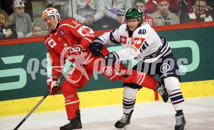 Eishockey Champions Hockey League. CHL. KAC gegen Eisbaeren Berlin.  Nicholas Petersen (KAC),  Korbinian Geibel  (Berlin). Klagenfurt, am 30.8.2025.
Foto: Kuess
www.qspictures.net
---
pressefotos, pressefotografie, kuess, qs, qspictures, sport, bild, bilder, bilddatenbank
