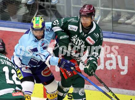Eishockey Bundesliga. Testspiel. VSV gegen Rosenheim. Steven Strong  (VSV), Daniel Weiss   (Rosenheim). Villach, am 6.9..2025.
Foto: Kuess
www.qspictures.net
---
pressefotos, pressefotografie, kuess, qs, qspictures, sport, bild, bilder, bilddatenbank