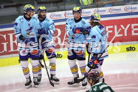 Eishockey Bundesliga. Testspiel. VSV gegen Rosenheim. Torjubel Dylan Macpherson, Alexander Rauchenwald, Philipp Lindner, Nikita Scherbak  (VSV). Villach, am 6.9..2025.
Foto: Kuess
www.qspictures.net
---
pressefotos, pressefotografie, kuess, qs, qspictures, sport, bild, bilder, bilddatenbank
