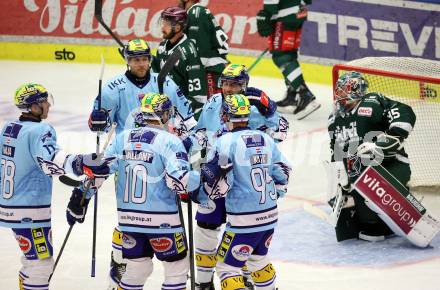 Eishockey Bundesliga. Testspiel. VSV gegen Rosenheim. Torjubel Nick Hutchison, Guus Van Nes, Thomas Vallant, Mark Katic , Felix Maxa (VSV).  Villach, am 6.9..2025.
Foto: Kuess
www.qspictures.net
---
pressefotos, pressefotografie, kuess, qs, qspictures, sport, bild, bilder, bilddatenbank