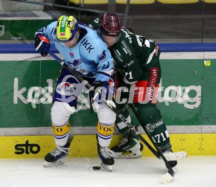 Eishockey Bundesliga. Testspiel. VSV gegen Rosenheim.  Kevin Hancock (VSV),  Scott Feser  (Rosenheim). Villach, am 6.9..2025.
Foto: Kuess
www.qspictures.net
---
pressefotos, pressefotografie, kuess, qs, qspictures, sport, bild, bilder, bilddatenbank