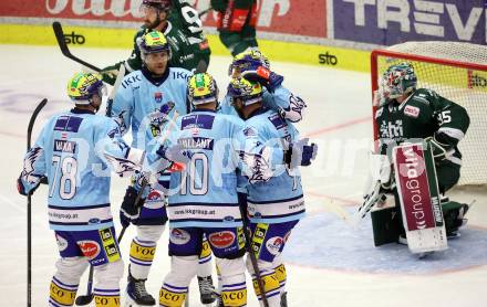 Eishockey Bundesliga. Testspiel. VSV gegen Rosenheim. Torjubel Nick Hutchison, Guus Van Nes, Thomas Vallant, Mark Katic , Felix Maxa (VSV).  Villach, am 6.9..2025.
Foto: Kuess
www.qspictures.net
---
pressefotos, pressefotografie, kuess, qs, qspictures, sport, bild, bilder, bilddatenbank