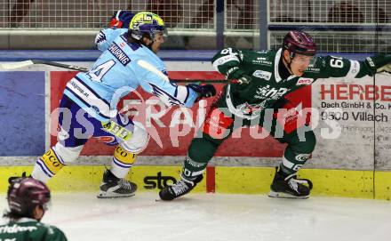 Eishockey Bundesliga. Testspiel. VSV gegen Rosenheim. Johannes Tschurnig  (VSV),  Shane Hanna  (Rosenheim). Villach, am 6.9..2025.
Foto: Kuess
www.qspictures.net
---
pressefotos, pressefotografie, kuess, qs, qspictures, sport, bild, bilder, bilddatenbank