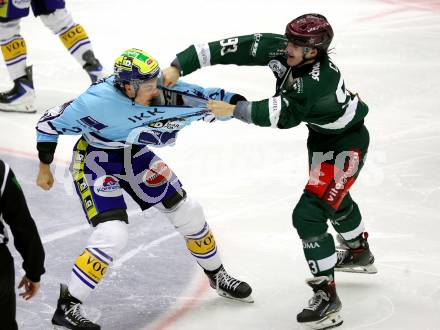 Eishockey Bundesliga. Testspiel. VSV gegen Rosenheim.  Dylan Macpherson (VSV), Luigi Calce  (Rosenheim).  Villach, am 6.9..2025.
Foto: Kuess
www.qspictures.net
---
pressefotos, pressefotografie, kuess, qs, qspictures, sport, bild, bilder, bilddatenbank