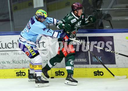 Eishockey Bundesliga. Testspiel. VSV gegen Rosenheim.  Philipp Lindner  (VSV),  Lars Bosecker  (Rosenheim). Villach, am 6.9..2025.
Foto: Kuess
www.qspictures.net
---
pressefotos, pressefotografie, kuess, qs, qspictures, sport, bild, bilder, bilddatenbank
