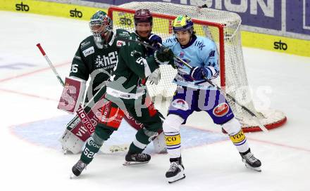 Eishockey Bundesliga. Testspiel. VSV gegen Rosenheim. Johannes Tschurnig  (VSV),  Joel Keussen   (Rosenheim). Villach, am 6.9..2025.
Foto: Kuess
www.qspictures.net
---
pressefotos, pressefotografie, kuess, qs, qspictures, sport, bild, bilder, bilddatenbank