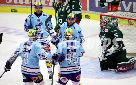 Eishockey Bundesliga. Testspiel. VSV gegen Rosenheim. Torjubel Nick Hutchison, Guus Van Nes, Thomas Vallant, Mark Katic (VSV).  Villach, am 6.9..2025.
Foto: Kuess
www.qspictures.net
---
pressefotos, pressefotografie, kuess, qs, qspictures, sport, bild, bilder, bilddatenbank