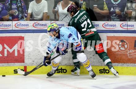 Eishockey Bundesliga. Testspiel. VSV gegen Rosenheim. Dylan Macpherson  (VSV),  Scott Feser  (Rosenheim). Villach, am 6.9..2025.
Foto: Kuess
www.qspictures.net
---
pressefotos, pressefotografie, kuess, qs, qspictures, sport, bild, bilder, bilddatenbank