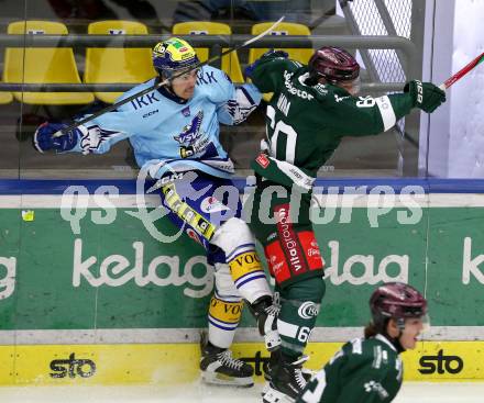 Eishockey Bundesliga. Testspiel. VSV gegen Rosenheim.  Johannes Tschurnig  (VSV),  Shane Hanna  (Rosenheim). Villach, am 6.9..2025.
Foto: Kuess
www.qspictures.net
---
pressefotos, pressefotografie, kuess, qs, qspictures, sport, bild, bilder, bilddatenbank