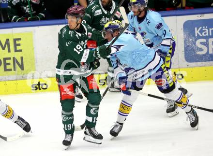 Eishockey Bundesliga. Testspiel. VSV gegen Rosenheim.  Philipp Lindner (VSV),  Johannes Achatz   (Rosenheim). Villach, am 6.9..2025.
Foto: Kuess
www.qspictures.net
---
pressefotos, pressefotografie, kuess, qs, qspictures, sport, bild, bilder, bilddatenbank