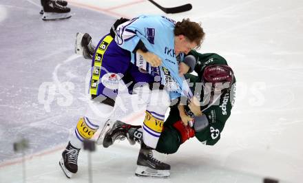 Eishockey Bundesliga. Testspiel. VSV gegen Rosenheim.  Dylan Macpherson (VSV), Luigi Calce  (Rosenheim).  Villach, am 6.9..2025.
Foto: Kuess
www.qspictures.net
---
pressefotos, pressefotografie, kuess, qs, qspictures, sport, bild, bilder, bilddatenbank