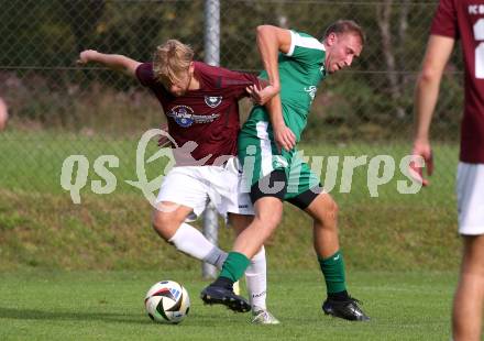 Fussball 1. Klasse Mitte. Bad Kleinkirchheim gegen Rosegg.  Fabian Trausnitz  (Bad Kleinkirchheim), Marko Simunovic (Rosegg). Bad Kleinkirchheim, am 13.9.2025.
Foto: Kuess
www.qspictures.net
---
pressefotos, pressefotografie, kuess, qs, qspictures, sport, bild, bilder, bilddatenbank