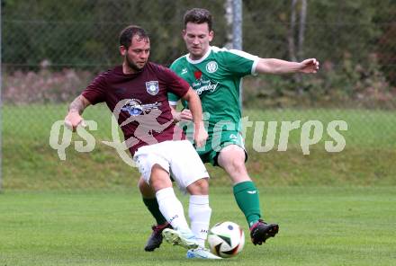 Fussball 1. Klasse Mitte. Bad Kleinkirchheim gegen Rosegg. Guerkan Mitterer-Guenes   (Bad Kleinkirchheim), Thomas Raunegger    (Rosegg). Bad Kleinkirchheim, am 13.9.2025.
Foto: Kuess
www.qspictures.net
---
pressefotos, pressefotografie, kuess, qs, qspictures, sport, bild, bilder, bilddatenbank