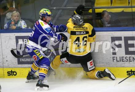 Eishockey Bundesliga. VSV gegen HC Pustertal.  Philipp Lindner (VSV),  Ivan DeLuca  (HCP, Pustertal). Villach, am 21.9..2025.
Foto: Kuess
www.qspictures.net
---
pressefotos, pressefotografie, kuess, qs, qspictures, sport, bild, bilder, bilddatenbank
