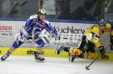Eishockey Bundesliga. VSV gegen HC Pustertal.  Philipp Lindner  (VSV),  JC Lipon  (HCP, Pustertal). Villach, am 21.9..2025.
Foto: Kuess
www.qspictures.net
---
pressefotos, pressefotografie, kuess, qs, qspictures, sport, bild, bilder, bilddatenbank