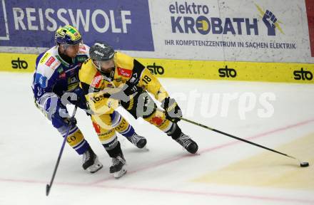 Eishockey Bundesliga. VSV gegen HC Pustertal. Luca Erne  (VSV),  Nick Saracino  (HCP, Pustertal). Villach, am 21.9..2025.
Foto: Kuess
www.qspictures.net
---
pressefotos, pressefotografie, kuess, qs, qspictures, sport, bild, bilder, bilddatenbank