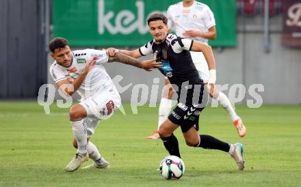 Fussball 2. Liga. SK Austria Klagenfurt gegen FC Hertha Wels..  Marco Sebastian Gantschnig (Klagenfurt),  Albin Gashi  (Wels).  Klagenfurt, 26.9.2025.
Foto: Kuess
www.qspictures.net
---
pressefotos, pressefotografie, kuess, qs, qspictures, sport, bild, bilder, bilddatenbank