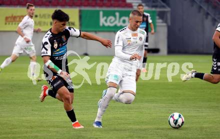 Fussball 2. Liga. SK Austria Klagenfurt gegen FC Hertha Wels..  Bartol Barisic (Klagenfurt), Andreas Radics   (Wels).  Klagenfurt, 26.9.2025.
Foto: Kuess
www.qspictures.net
---
pressefotos, pressefotografie, kuess, qs, qspictures, sport, bild, bilder, bilddatenbank