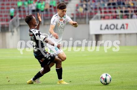 Fussball 2. Liga. SK Austria Klagenfurt gegen FC Hertha Wels.. Elias Jandrisevits (Klagenfurt), Abdoul Karim Conte  (Wels).  Klagenfurt, 26.9.2025.
Foto: Kuess
www.qspictures.net
---
pressefotos, pressefotografie, kuess, qs, qspictures, sport, bild, bilder, bilddatenbank