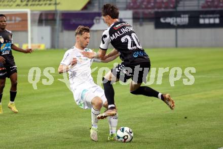 Fussball 2. Liga. SK Austria Klagenfurt gegen FC Hertha Wels..  Marc Andre Schmerboeck  (Klagenfurt),   Sebastian Malinowski (Wels).  Klagenfurt, 26.9.2025.
Foto: Kuess
www.qspictures.net
---
pressefotos, pressefotografie, kuess, qs, qspictures, sport, bild, bilder, bilddatenbank