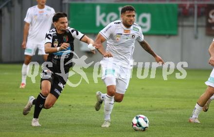 Fussball 2. Liga. SK Austria Klagenfurt gegen FC Hertha Wels.. Marco Gantschnig  (Klagenfurt),  Albin Gashi  (Wels).  Klagenfurt, 26.9.2025.
Foto: Kuess
www.qspictures.net
---
pressefotos, pressefotografie, kuess, qs, qspictures, sport, bild, bilder, bilddatenbank