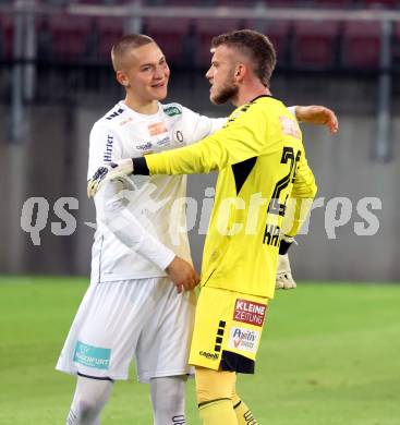 Fussball 2. Liga. SK Austria Klagenfurt gegen FC Hertha Wels..  Torjubel Bartol Barisic, Adnan Kanuric  (Klagenfurt),   Klagenfurt, 26.9.2025.
Foto: Kuess
www.qspictures.net
---
pressefotos, pressefotografie, kuess, qs, qspictures, sport, bild, bilder, bilddatenbank