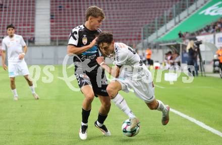 Fussball 2. Liga. SK Austria Klagenfurt gegen FC Hertha Wels.. Elias Jandrisevits  (Klagenfurt),  Pascal Mueller  (Wels).  Klagenfurt, 26.9.2025.
Foto: Kuess
www.qspictures.net
---
pressefotos, pressefotografie, kuess, qs, qspictures, sport, bild, bilder, bilddatenbank