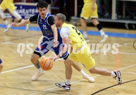 Basketball 2. Liga 2025/2026. Grunddurchgang 1. Runde.  Woerthersee Piraten gegen Kufstein Towers. Tim Huber  (Piraten), Daniele Kuchar  (Kufstein). Klagenfurt, am 4.10.2025.
Foto: Kuess
---
pressefotos, pressefotografie, kuess, qs, qspictures, sport, bild, bilder, bilddatenbank