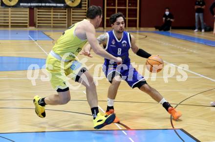 Basketball 2. Liga 2025/2026. Grunddurchgang 1. Runde.  Woerthersee Piraten gegen Kufstein Towers.  Jan-Arne Apschner (Piraten),  Julian Alper (Kufstein). Klagenfurt, am 4.10.2025.
Foto: Kuess
---
pressefotos, pressefotografie, kuess, qs, qspictures, sport, bild, bilder, bilddatenbank