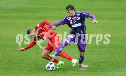 Fussball 2. Liga. SK Austria Klagenfurt gegen St. Poelten. Marcel Krnjic  (Klagenfurt),   Marco Hausjell (St.Poelten).  Klagenfurt, 5.10..2025.
Foto: Kuess
www.qspictures.net
---
pressefotos, pressefotografie, kuess, qs, qspictures, sport, bild, bilder, bilddatenbank