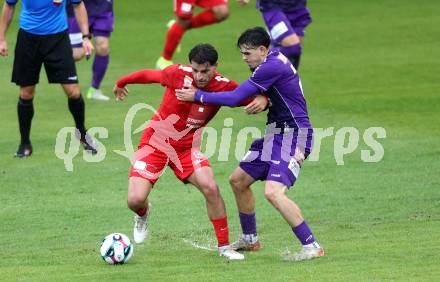 Fussball 2. Liga. SK Austria Klagenfurt gegen St. Poelten.  Almir Oda (Klagenfurt), Leomend Krasniqi   (St.Poelten).  Klagenfurt, 5.10..2025.
Foto: Kuess
www.qspictures.net
---
pressefotos, pressefotografie, kuess, qs, qspictures, sport, bild, bilder, bilddatenbank