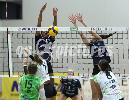Volleyball Bundesliga. WVL. Women Volleyball League.  ATSC Wildcats gegen  Graz. Oluwadamilola Awojobi, Leonie Rabitsch (Wildcats). Klagenfurt, am 11.10.2025.
Foto: Kuess
www.qspictures.net
---
pressefotos, pressefotografie, kuess, qs, qspictures, sport, bild, bilder, bilddatenbank
