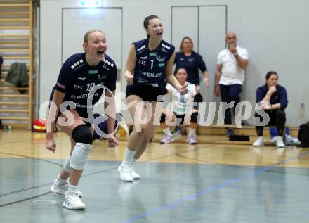 Volleyball Bundesliga. WVL. Women Volleyball League.  ATSC Wildcats gegen  Graz. Jubel Phyona Adelheidis Schrader, Leonie Rabitsch  (Wildcats). Klagenfurt, am 11.10.2025.
Foto: Kuess
www.qspictures.net
---
pressefotos, pressefotografie, kuess, qs, qspictures, sport, bild, bilder, bilddatenbank